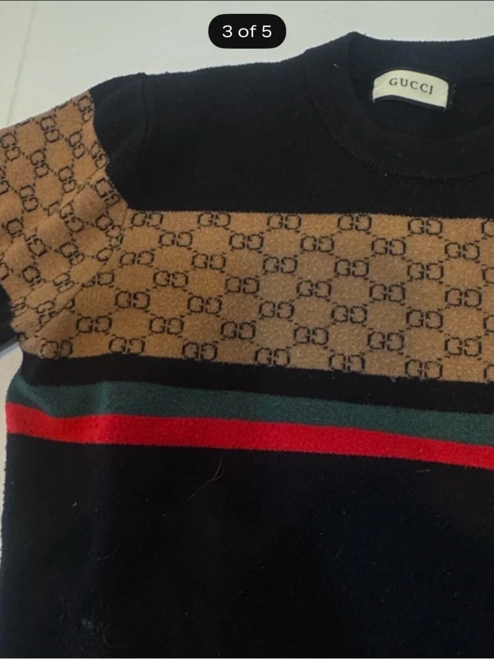 Gucci Black Knit Crewneck with Tan GG Panel and Green/Red Stripes